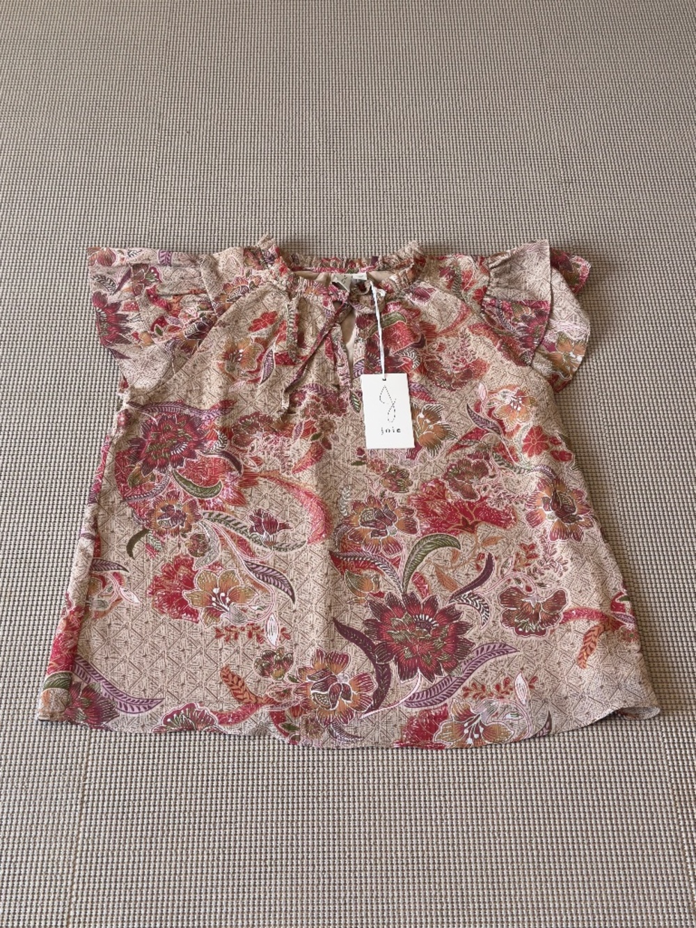 JOIE ruffle tie neckline layered cap sleeveless floral pattern gold striped